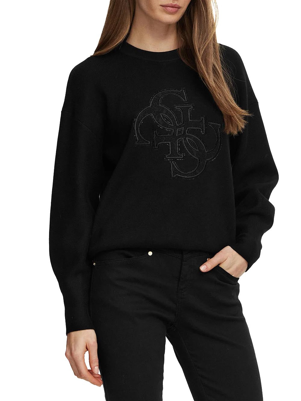LS CN EVELYN TRIANGLE LOGO SWT Guess Maglia Donna W6br52 Z1453 Nero